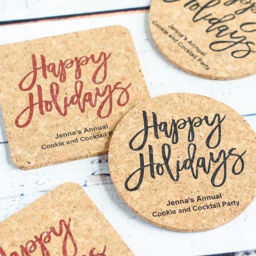 Christmas Holiday Party Supply Guide - Personalized Holiday Cork Coasters
